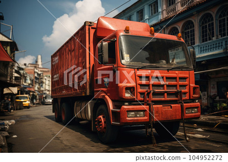 The red truck on the road in the city The red truck on the road in the city 104952272