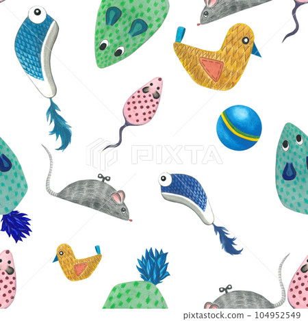Watercolor illustration of cat toys. Seamless pattern on a transparent background is made by hand. Watercolor illustration of cat toys. Seamless pattern on a transparent background is made by hand. 104952549