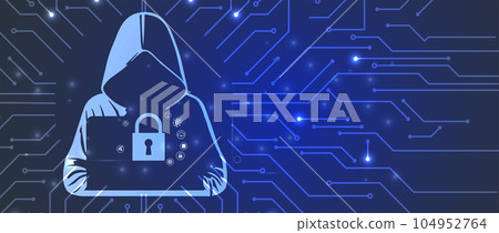 the hooded hacker from behind standing among working servers. Security technology the hooded hacker from behind standing among working servers. Security technology 104952764