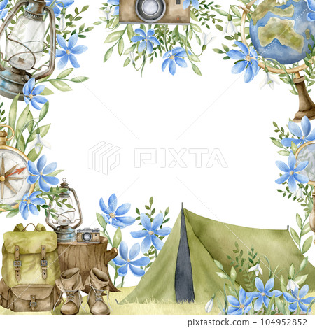 Square Frame with Camping Equipment. Hand drawn watercolor illustration of vintage instruments for travel and adventure on white isolated background. Border with forest plants and flowers for journey. 104952852