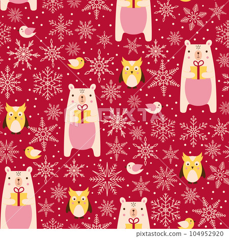 Christmas background with teddy bears, snowflakes and birds 104952920