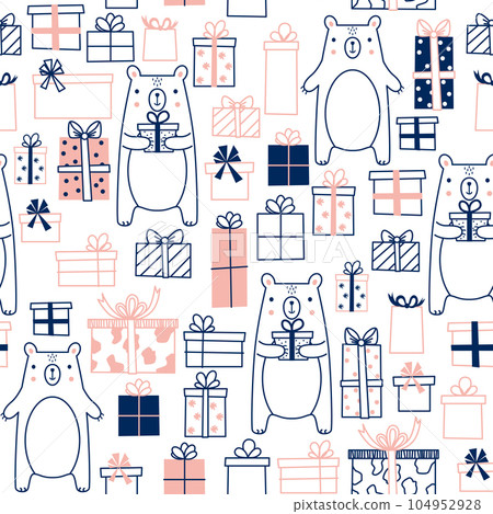 Pattern with bears and gifts on a white background 104952928