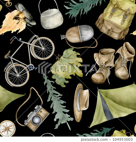 Seamless Pattern with Travel equipment for adventure in a Forest. Hand drawn watercolor illustration with exploration tent for hiking and camping on black background. Drawing for paper or banner. 104953003