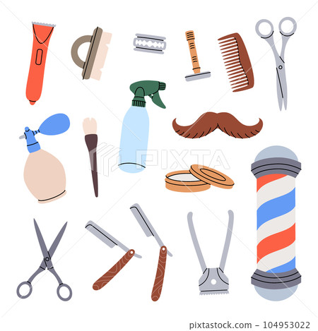 Barber shop tools set. Hairdressing tool kit. Electric hair clipper, hairdresser brush, spray bottle, barber shop pole, professional razor, scissors. 104953022