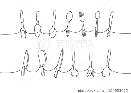 Kitchen utensils one line continuous drawing. Kitchen spatula, ladle, spoon, knife, fork, wheel pizza cutter, cooking whisk one line illustration. 104953025