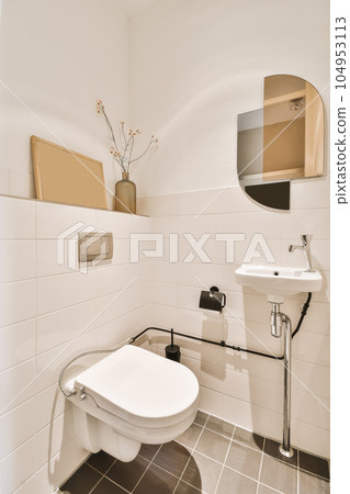 a bathroom with a toilet, sink and mirror on the wall next to it is a flower in a vase a bathroom with a toilet, sink and mirror on the wall next to it is a flower in a vase 104953113