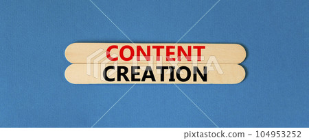 Time for content creation symbol. Concept words Content creation on beautiful wooden stick. Beautiful blue table blue background. Business time for content creation concept. Copy space. Time for content creation symbol. Concept words Content creation on beautiful wooden stick. Beautiful blue table blue background. Business time for content creation concept. Copy space. 104953252