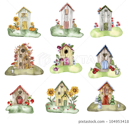 An old wooden house with flower composition . An old rusty enamel element. Hand drawn watercolor illustration. Perfect for wedding invitation, greetings card, posters. 104953418