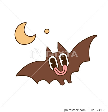 Groovy Halloween bat character with moon. Trippy spooky elements. Walking Retro cartoon mascot. Contour hand drawn vector illustration. 104953438