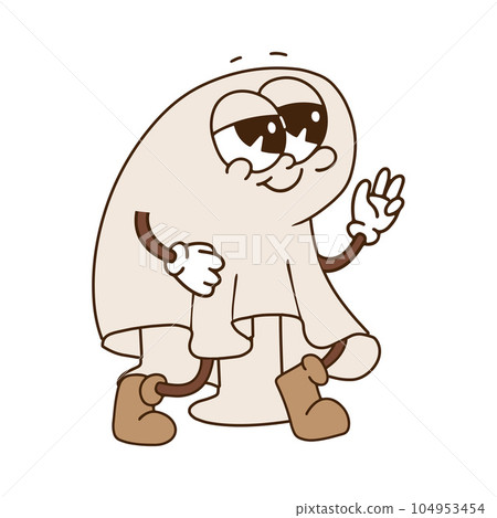 White sheet ghost character in vintage retro cartoon style, Halloween groovy mascot. Contour hand drawn vector illustration. White sheet ghost character in vintage retro cartoon style, Halloween groovy mascot. Contour hand drawn vector illustration. 104953454