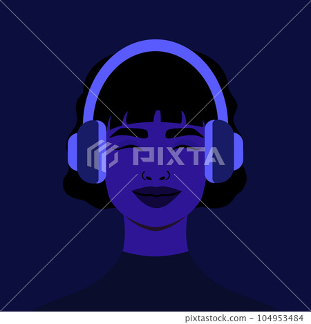 Beautiful smiling girl in headphones. Listen to a music. Avatar. Vector illustration 104953484