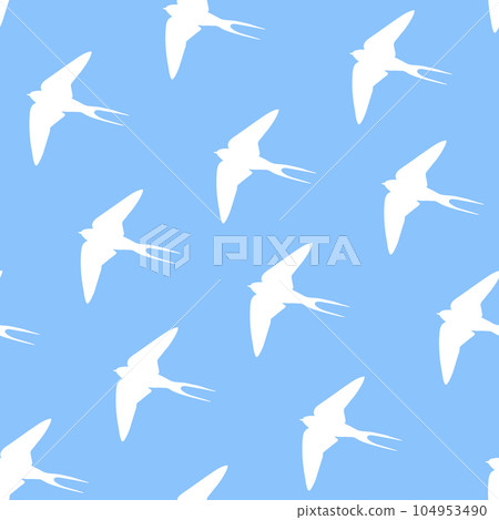 Martin bird silhouette seamless pattern. White swallows silhouette on blue sky ornament. Vector illustration Martin bird silhouette seamless pattern. White swallows silhouette on blue sky ornament. Vector illustration 104953490