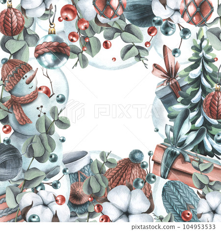 Christmas frame square with New Year's toys, winter knitted clothes, plants, snowman. Watercolor illustration, hand drawn. Template for congratulations and text on a white background. 104953533
