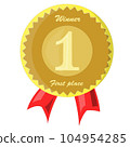 Gold medal vector. Gold badge 1st place. Sports Game Golden Challenge Award. Red ribbon. Isolated. 104954285