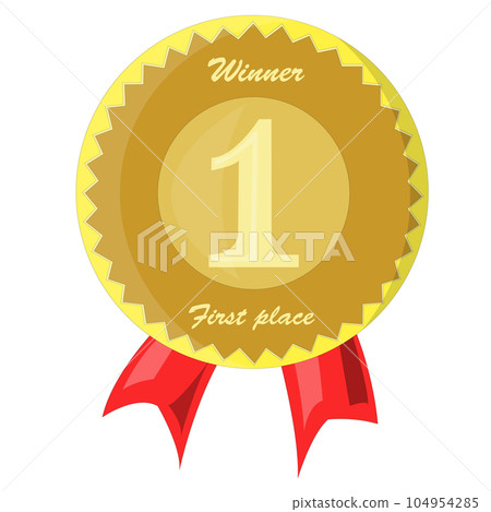 Gold medal vector. Gold badge 1st place. Sports Game Golden Challenge Award. Red ribbon. Isolated. 104954285