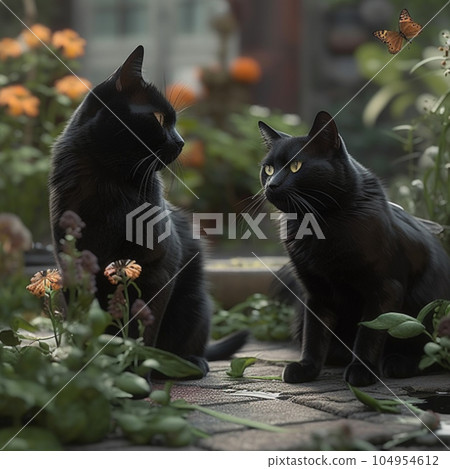 A meeting of two black cats A meeting of two black cats 104954612