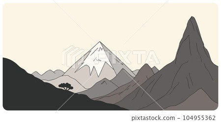 Hand drawn graphic vector illustration of abstract mountain landscape with snowcapped triangular peak and sharp mount range silhouettes 104955362