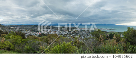 從新西蘭尼爾森新西蘭中心的頂部看到城市景觀和塔斯曼灣 104955602
