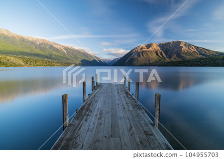 Lake Rotoiti and the Southern Alps seen from the pier in Nelson Lakes National Park, New Zealand 104955703