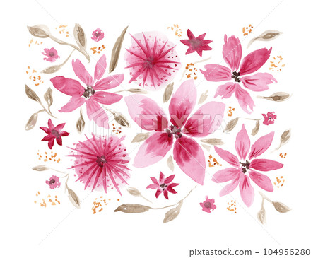 Delicate watercolor pink and brown floral composition with daisy flowers. Colorful tender painting floral bouquet for invitation, wedding or greeting cards design, sticker, banner decor Delicate watercolor pink and brown floral composition with daisy flowers. Colorful tender painting floral bouquet for invitation, wedding or greeting cards design, sticker, banner decor 104956280