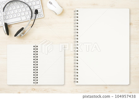 Scenery on a desk with a notebook Unmanned bird's-eye view Scenery on a desk with a notebook Unmanned bird's-eye view 104957438