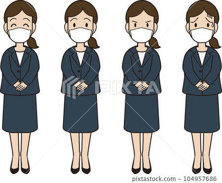 一位身穿西裝、戴著面具、雙手疊放在面前的年輕女子，面部表情圖案 104957686