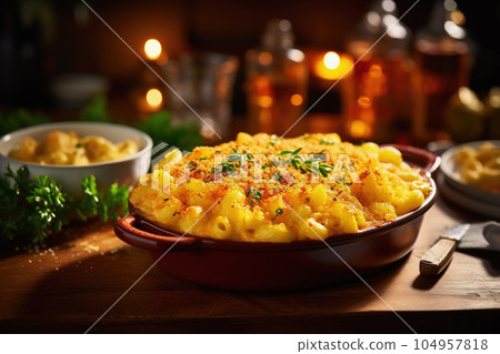 Mac and cheese in plate on rustic table setting. Traditional festive American meal. Generative AI Mac and cheese in plate on rustic table setting. Traditional festive American meal. Generative AI 104957818