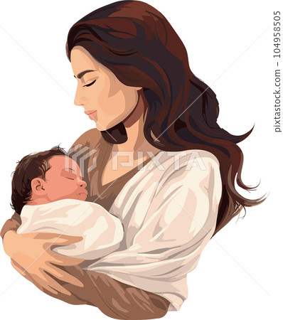 年輕媽媽抱著剛出生的嬰兒 年輕媽媽抱著剛出生的嬰兒 104958505