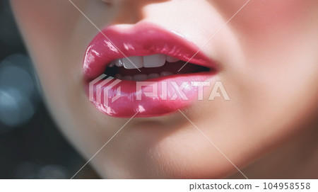 Beautiful full lips with glossy makeup, barbicor style makeup. Pink glitter lipstick. Close-up of sexy natural lips 104958558