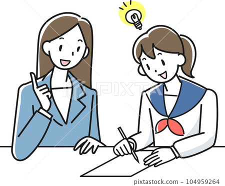 A smiling high school girl receiving individual guidance from a female instructor A smiling high school girl receiving individual guidance from a female instructor 104959264