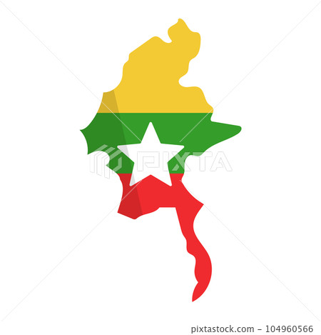 Myanmar flag in the shape of Myanmar map in flat design. vector. Myanmar flag in the shape of Myanmar map in flat design. vector. 104960566