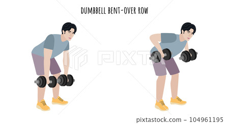 Young man doing dumbbell bent-over row exercise 104961195