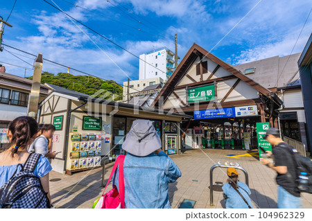 Fujisawa city landscape in Japan, overlooking the Enoden and Enoshima Station Fujisawa city landscape in Japan, overlooking the Enoden and Enoshima Station 104962329