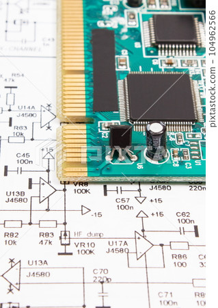 Circuit board with transistors, resistors, capacitor. Diagram of electronics 104962566