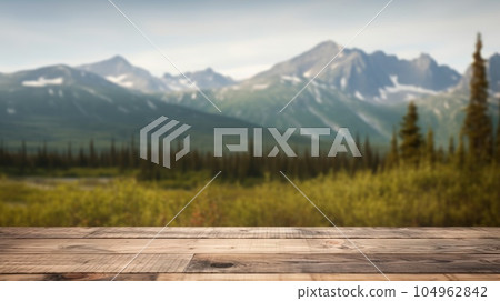 The empty wooden table top with blur background of Alaska nature. Exuberant. The empty wooden table top with blur background of Alaska nature. Exuberant. 104962842