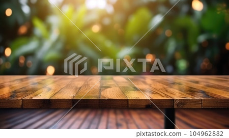 The empty wooden table top with blur background of outdoor cafe. Exuberant. The empty wooden table top with blur background of outdoor cafe. Exuberant. 104962882