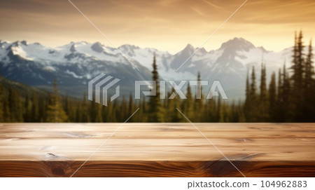 The empty wooden table top with blur background of Alaska nature. Exuberant. The empty wooden table top with blur background of Alaska nature. Exuberant. 104962883