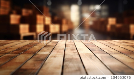 The empty wooden table top with blur background of warehouse storage. Exuberant. 104963076