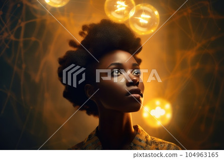 bright light bulb float above of young african woman's head. generative ai AIG32 bright light bulb float above of young african woman's head. generative ai AIG32 104963165