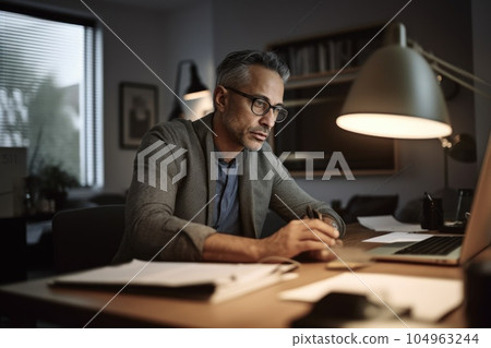 Male Hispanic middle aged working from home home office business. Generative AI AIG23. 104963244
