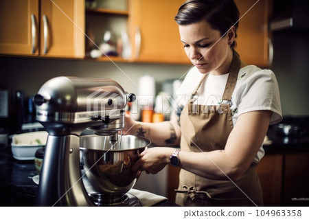 Female Caucasian adult cooking in kitchen apron chef attire. Generative AI AIG23. 104963358