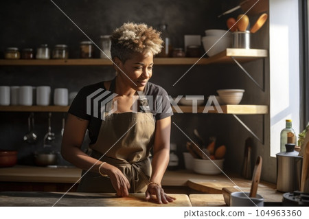 Female African american adult cooking in kitchen apron chef attire. Generative AI AIG23. Female African american adult cooking in kitchen apron chef attire. Generative AI AIG23. 104963360