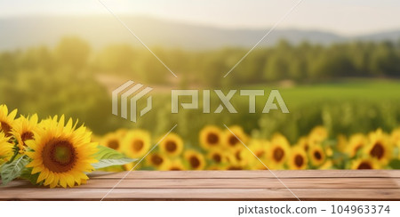 The empty wooden table top with blur background of sunflower field. Generative AI AIG30. 104963374