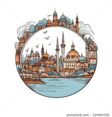 A circle shape frame with center space of Istanbul city skyline in simple doodle color cartoon style. Generative AI AIG32 104963390
