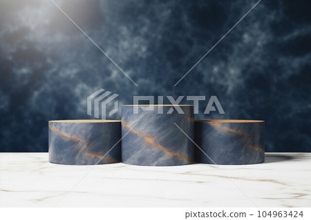 Abstract autumn/winter template with a display stand of three columns in navy blue and gold marble. AI generated image 104963424