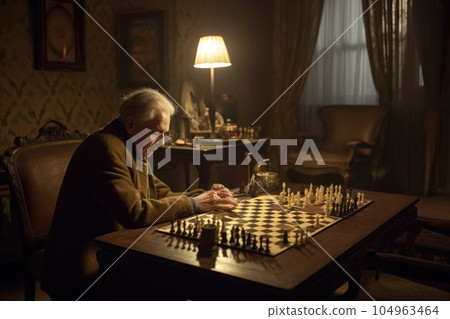 Male Caucasian elderly playing chess in living room activity. Generative AI AIG23. Male Caucasian elderly playing chess in living room activity. Generative AI AIG23. 104963464