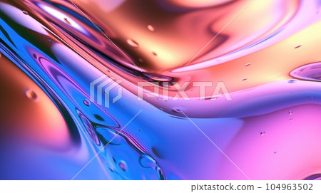 The close up of a glossy liquid surface abstract in hot pink, electric blue, and neon green colors with a soft focus. Exuberant 3D illustration. 104963502