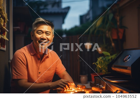 Male Asian middle aged grilling patio outdoor grill food meal. Generative AI AIG23. Male Asian middle aged grilling patio outdoor grill food meal. Generative AI AIG23. 104963552