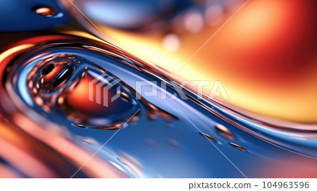 The close up of a glossy liquid surface abstract in red, yellow, and blue colors with a soft focus. Exuberant 3D illustration. 104963596