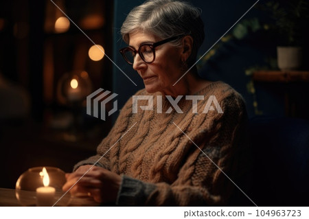 Female Caucasian elderly knitting cozy sweater warmth living room. Generative AI AIG23. Female Caucasian elderly knitting cozy sweater warmth living room. Generative AI AIG23. 104963723